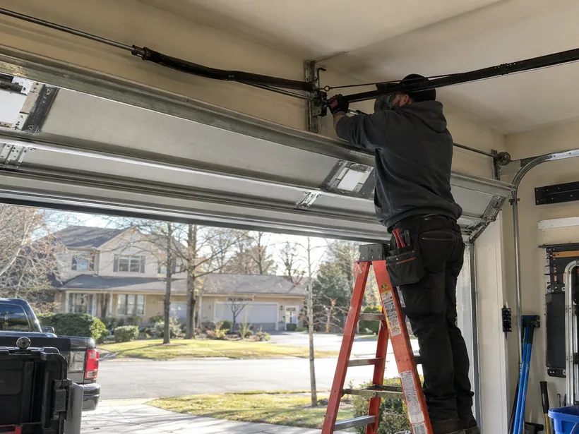 Technician performing residential garage door spring service